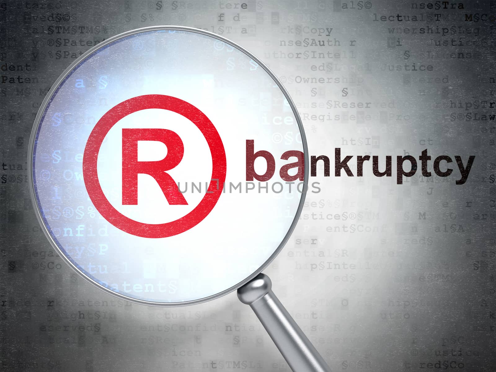 Law concept: magnifying optical glass with Registered icon and Bankruptcy word on digital background, 3D rendering