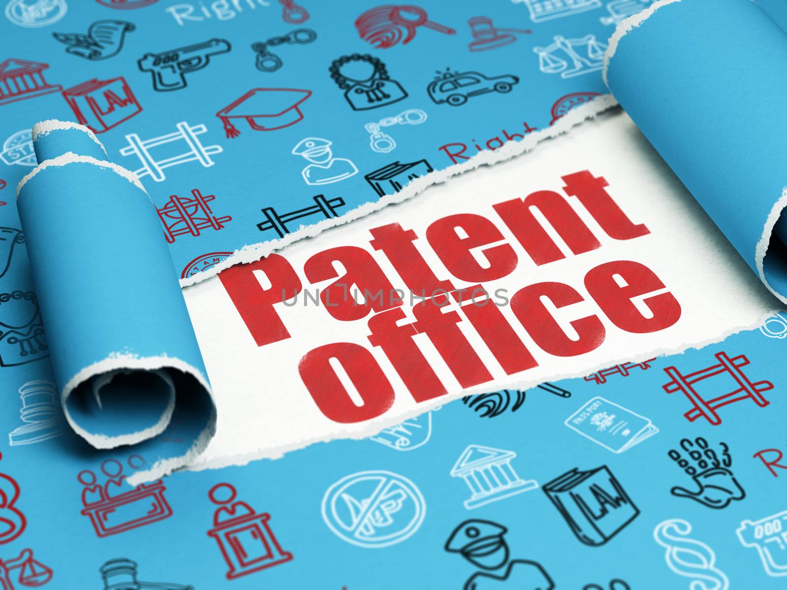 Law concept: red text Patent Office under the curled piece of Blue torn paper with  Hand Drawn Law Icons, 3D rendering