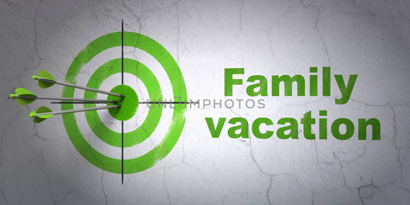 Success travel concept: arrows hitting the center of target, Green Family Vacation on wall background, 3D rendering