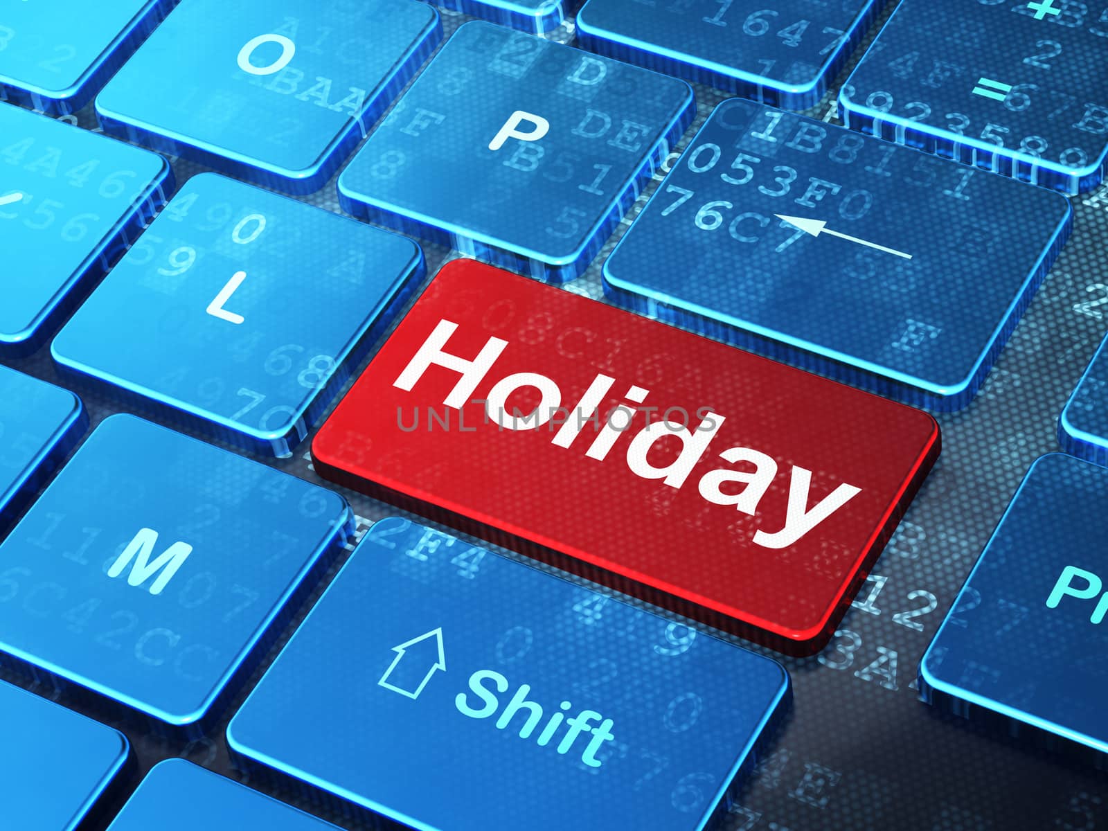 Travel concept: computer keyboard with word Holiday on enter button background, 3D rendering