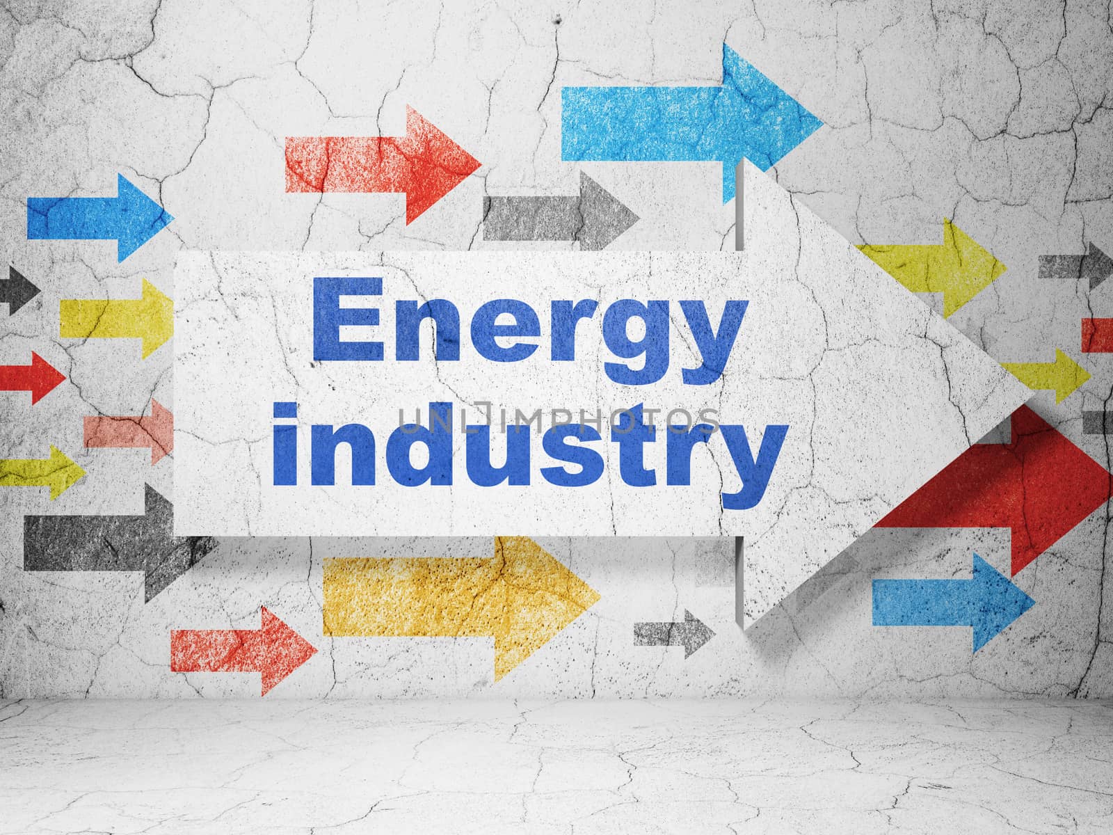 Manufacuring concept:  arrow with Energy Industry on grunge textured concrete wall background, 3D rendering