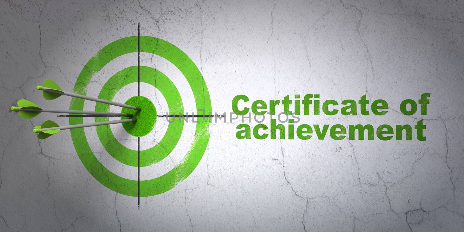 Success Studying concept: arrows hitting the center of target, Green Certificate of Achievement on wall background, 3D rendering