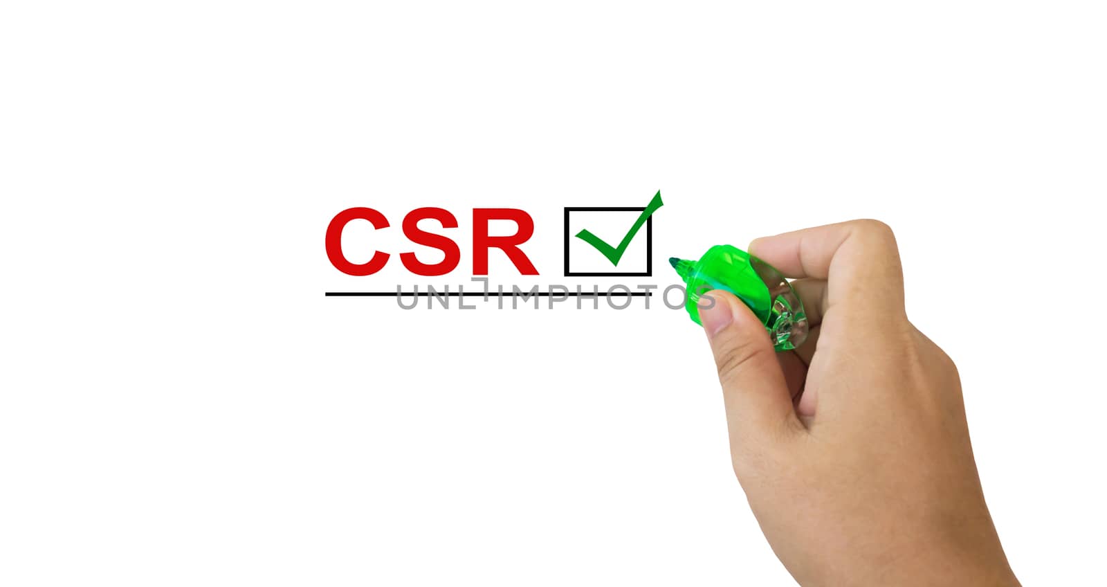 Text CSR in red colour with isolated hand and marker pen writing on white background