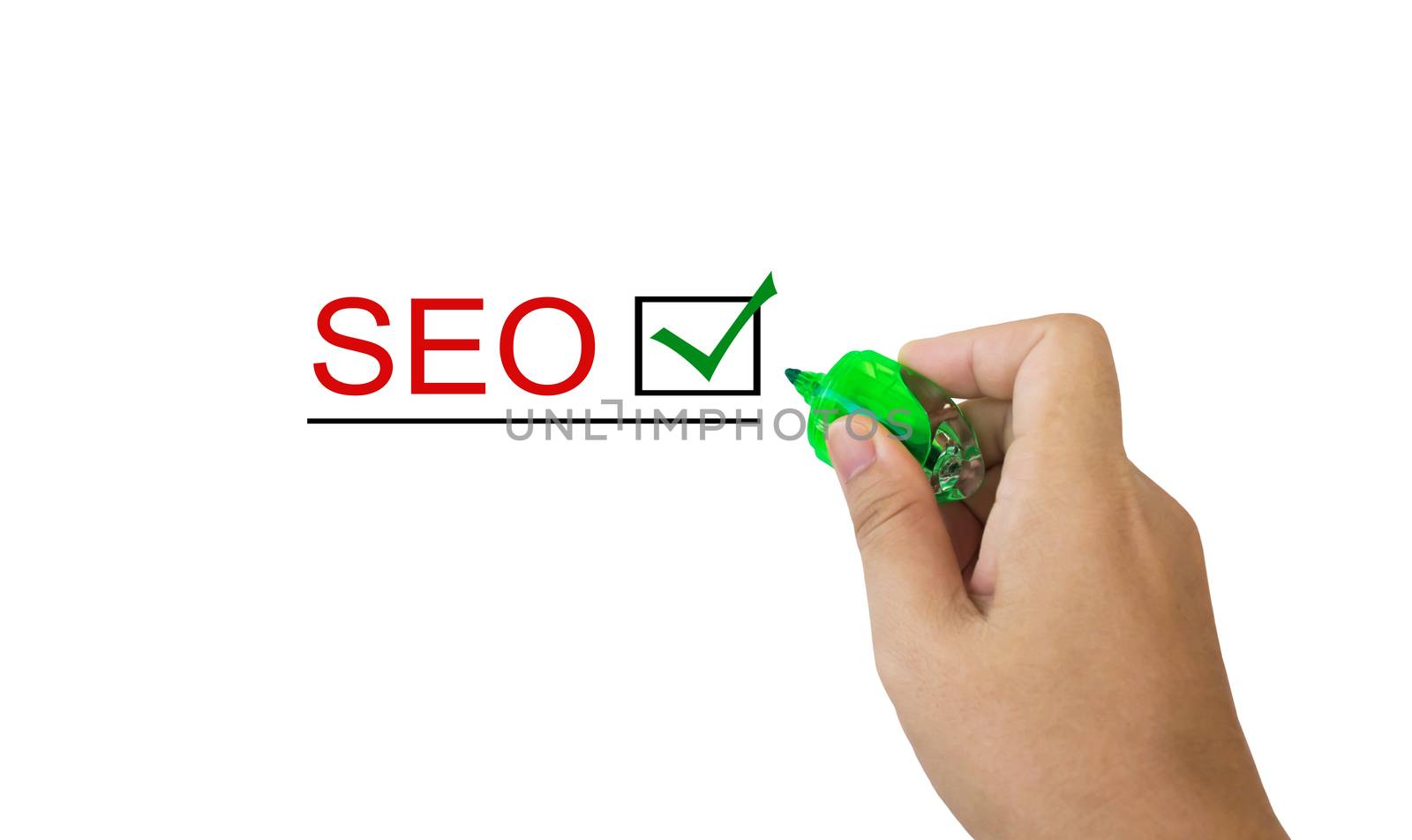 Text SEO in red colour with isolated hand and marker pen writing on white background
