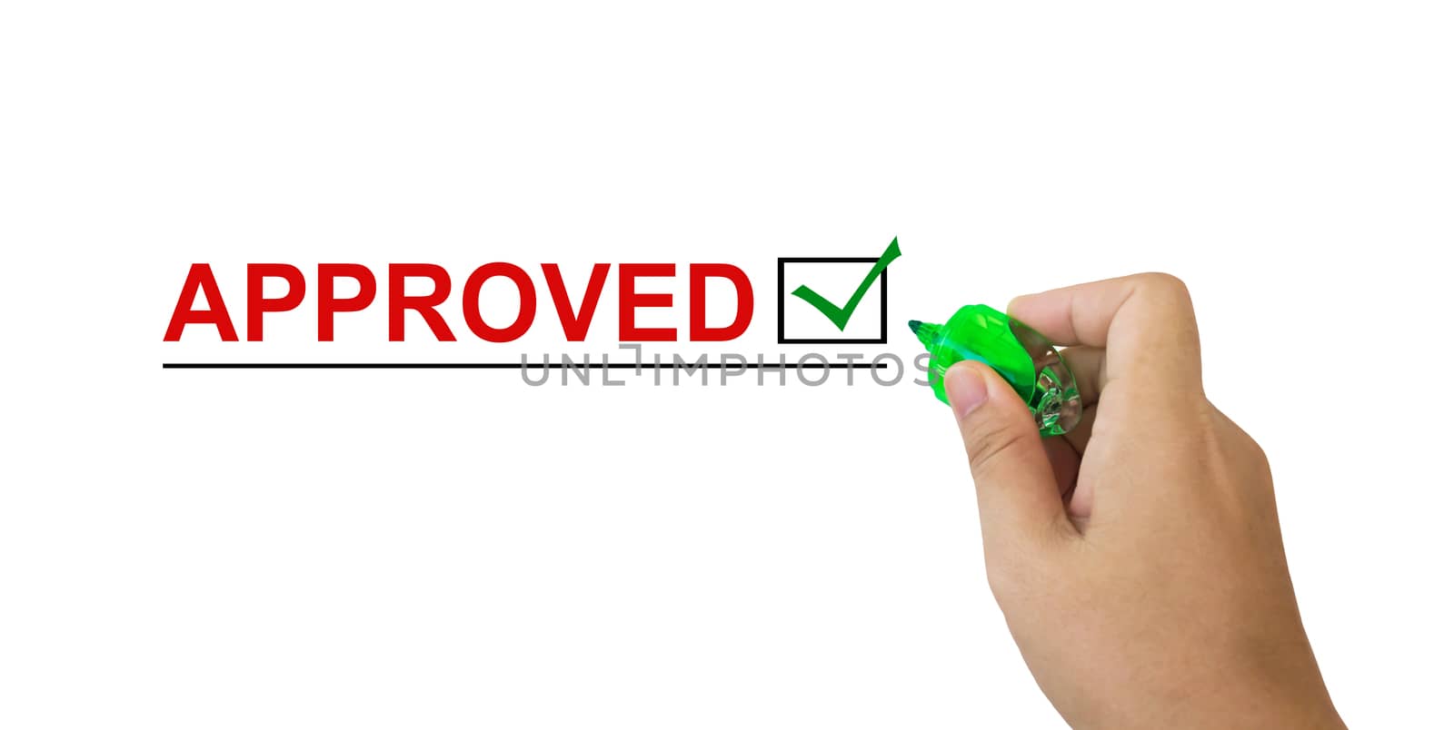 Text approved in red colour with isolated hand and marker pen writing on white background