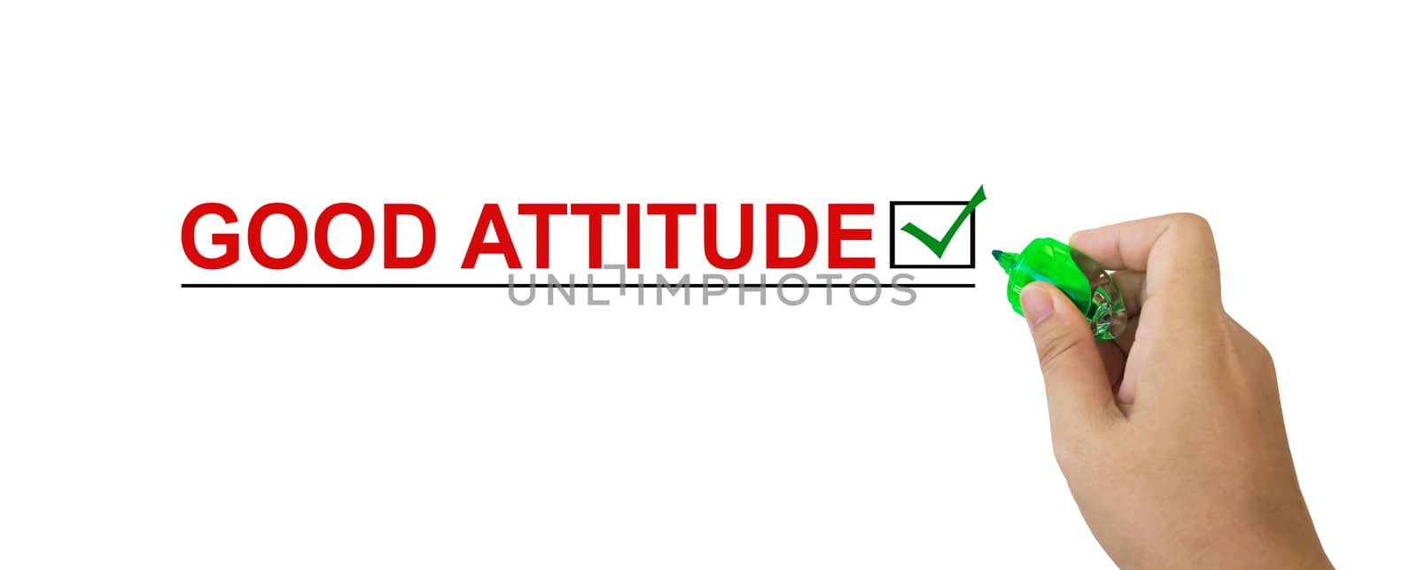 Text good attitude in red colour with isolated hand and marker pen writing on white background
