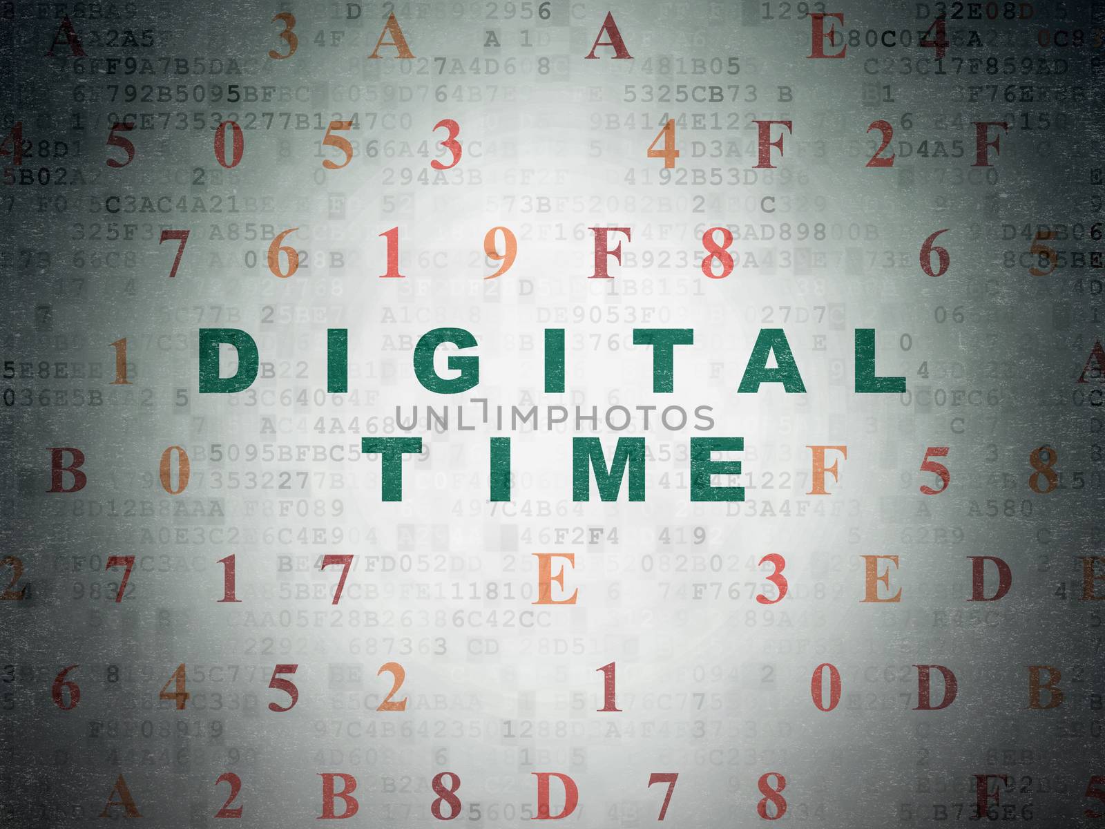 Time concept: Painted green text Digital Time on Digital Data Paper background with Hexadecimal Code