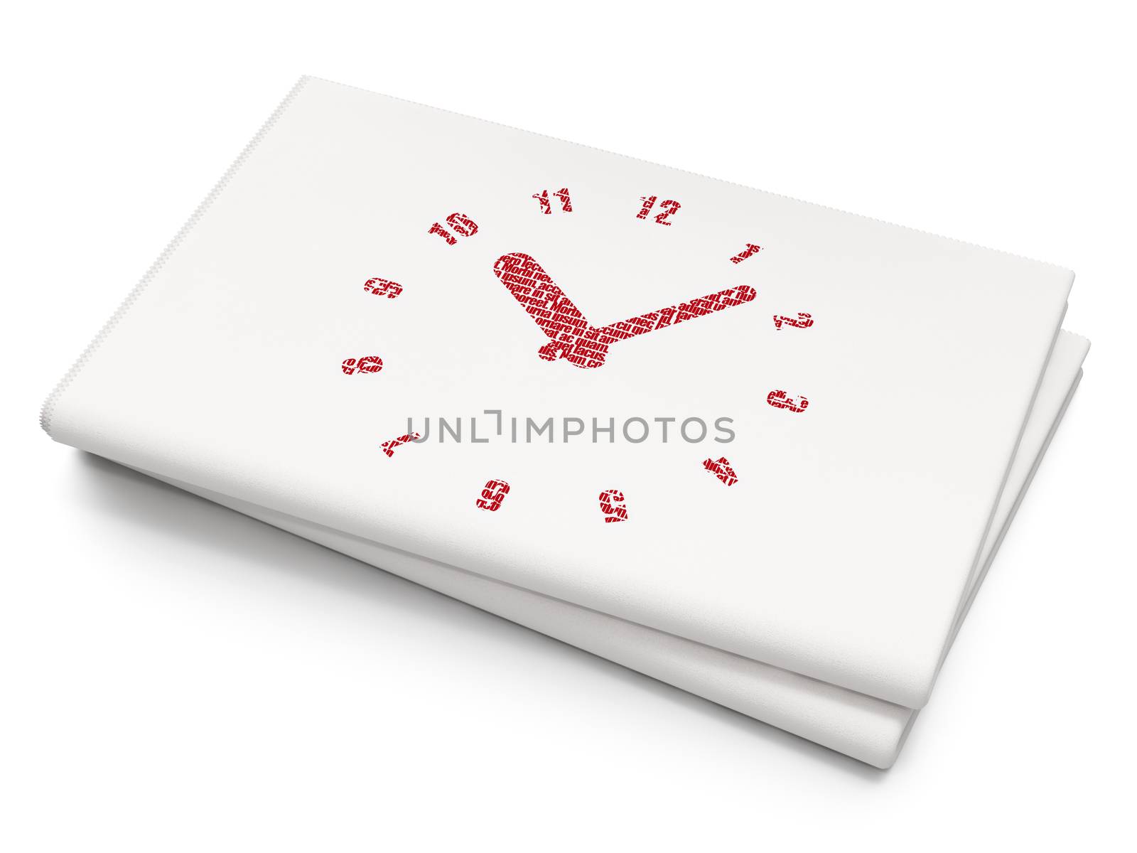 Timeline concept: Pixelated red Clock icon on Blank Newspaper background, 3D rendering