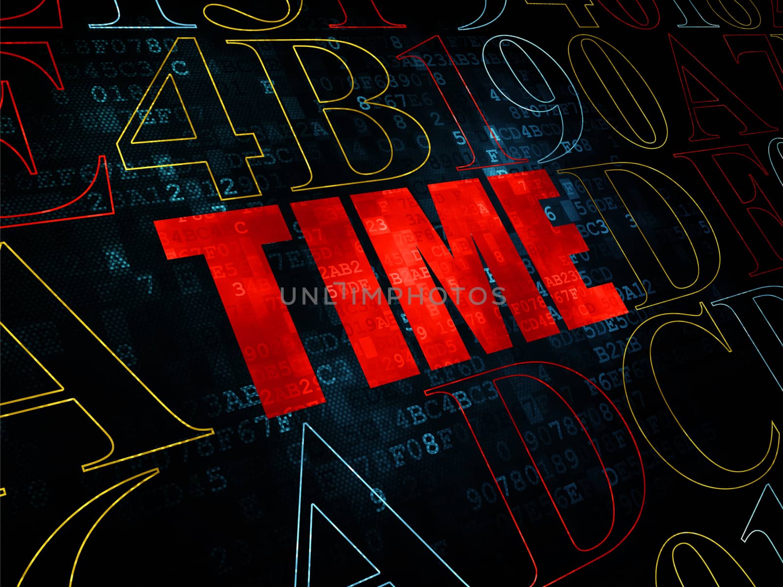 Timeline concept: Pixelated red text Time on Digital wall background with Hexadecimal Code