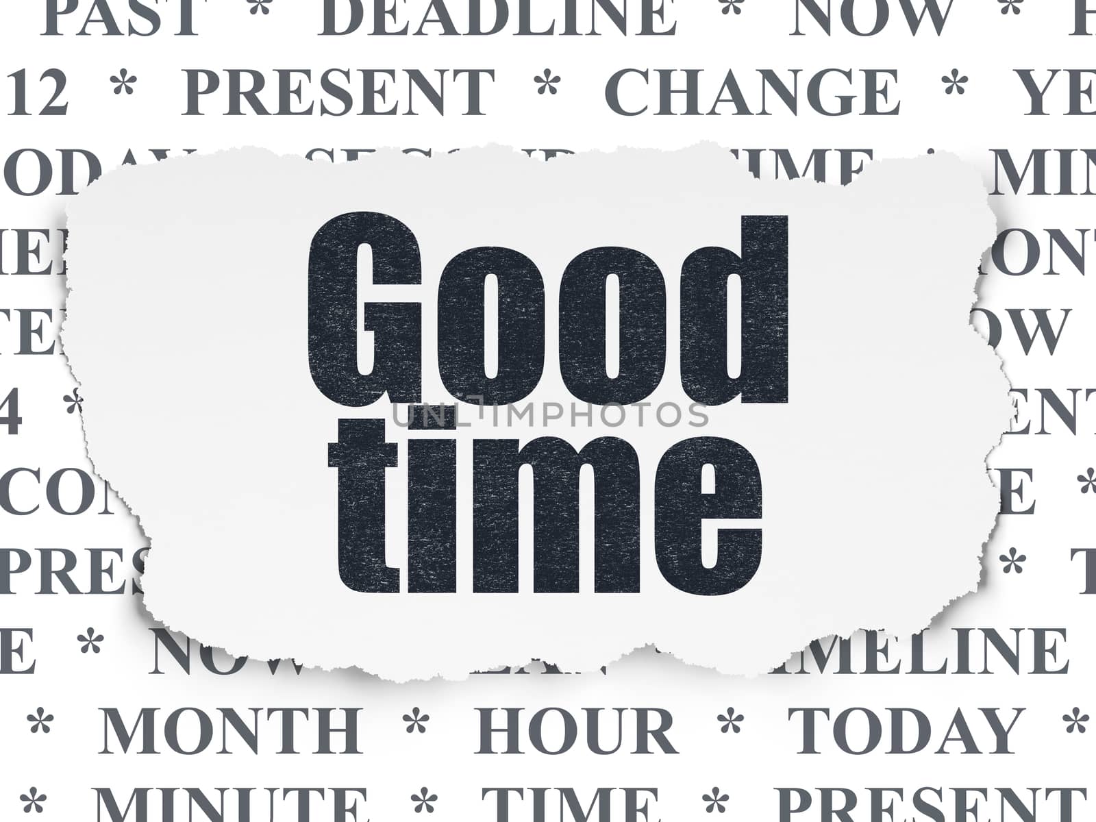 Timeline concept: Painted black text Good Time on Torn Paper background with  Tag Cloud