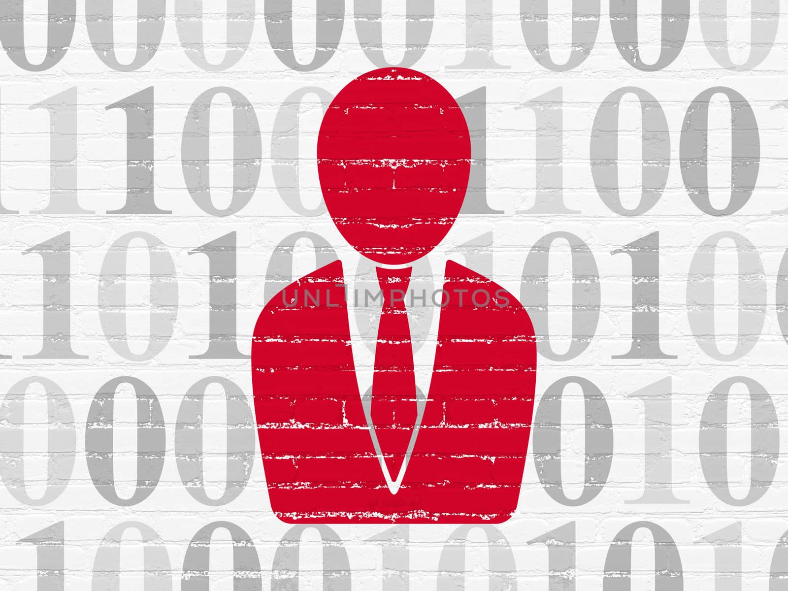 Business concept: Painted red Business Man icon on White Brick wall background with  Binary Code