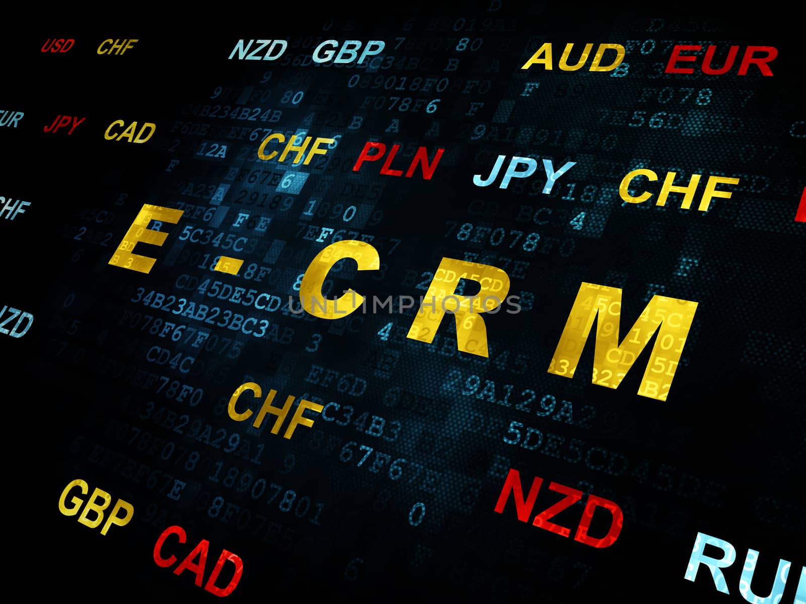 Business concept: Pixelated yellow text E-CRM on Digital wall background with Currency
