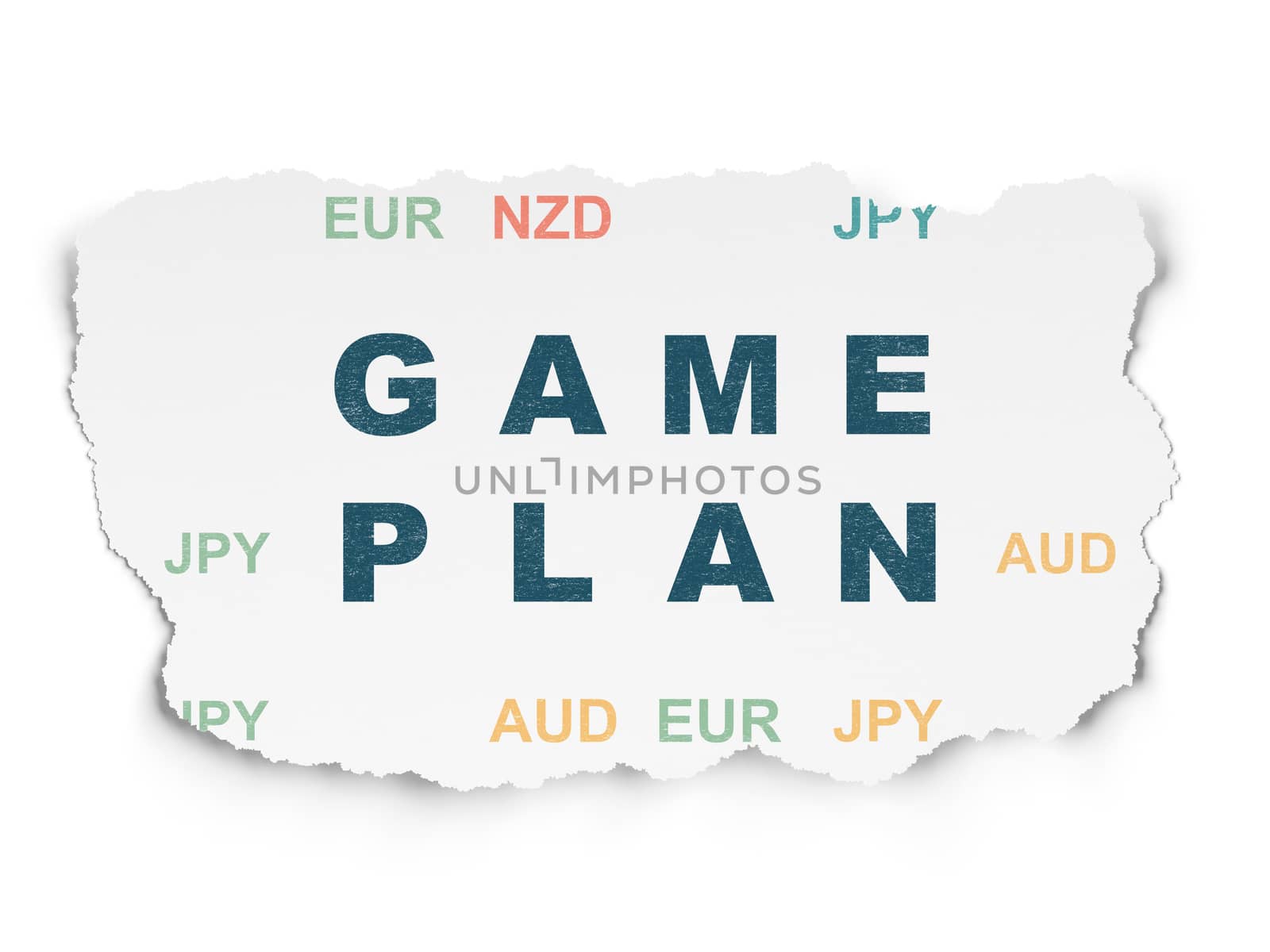 Business concept: Painted blue text Game Plan on Torn Paper background with  Currency