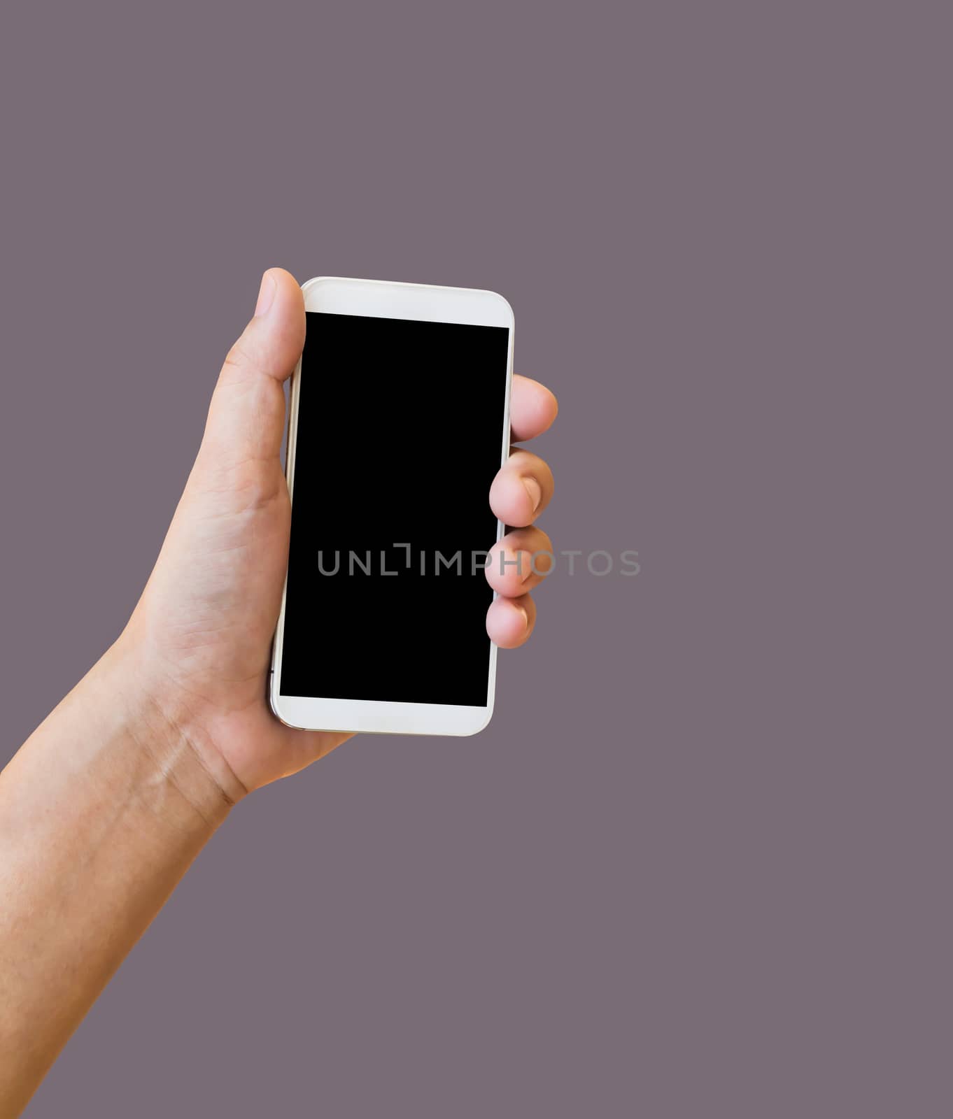 Isolated hand show or present big blank screen mobile or cellphone or smartphone on plain background with clipping path