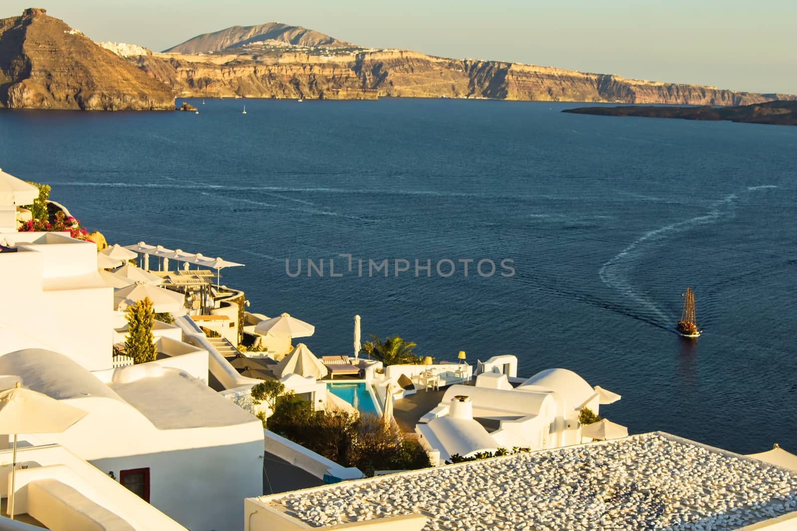 A tranquil panorama under the setting sun in the beautiful greek island