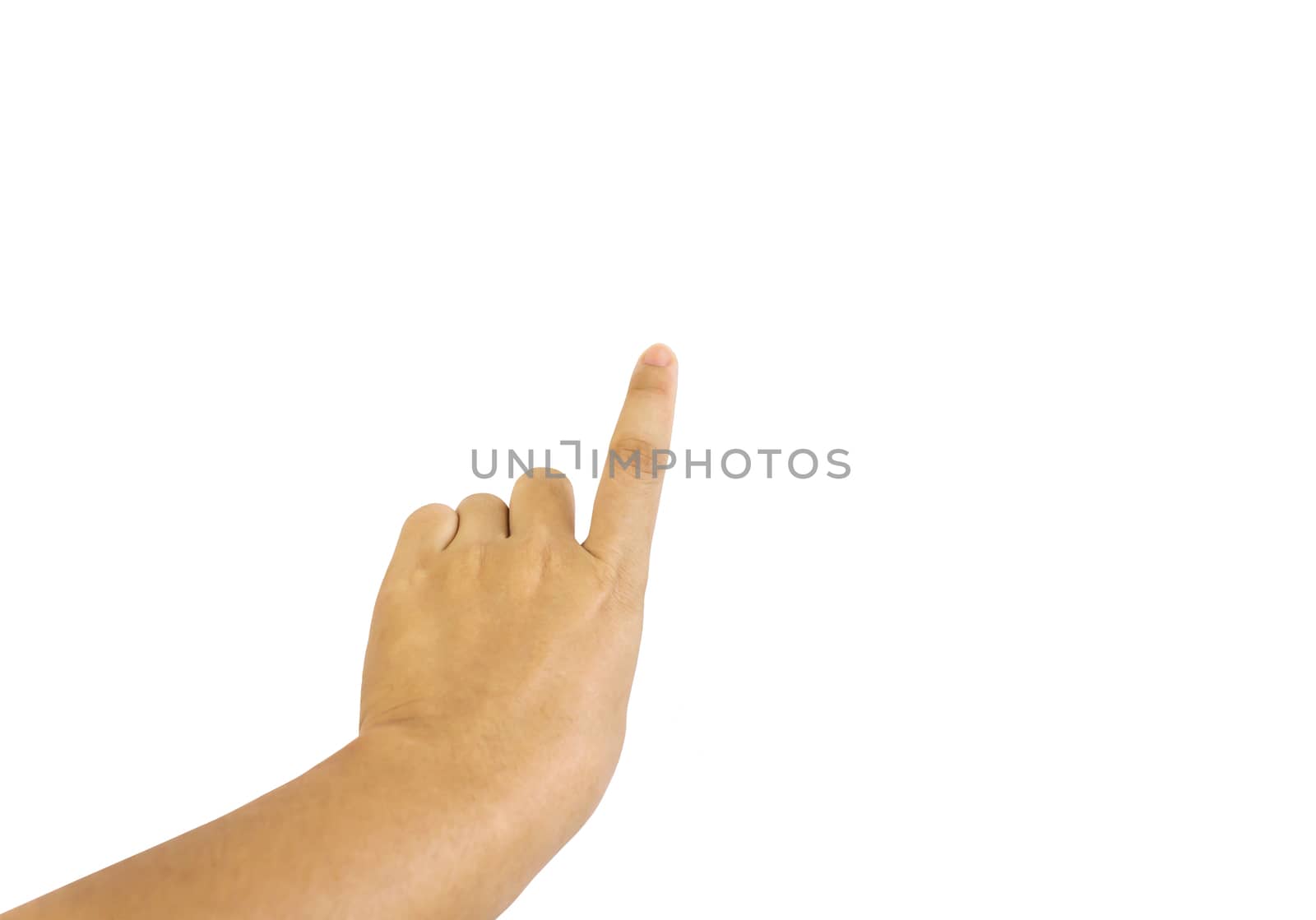 Isolated hand and finger press, point or indicate to something on white background