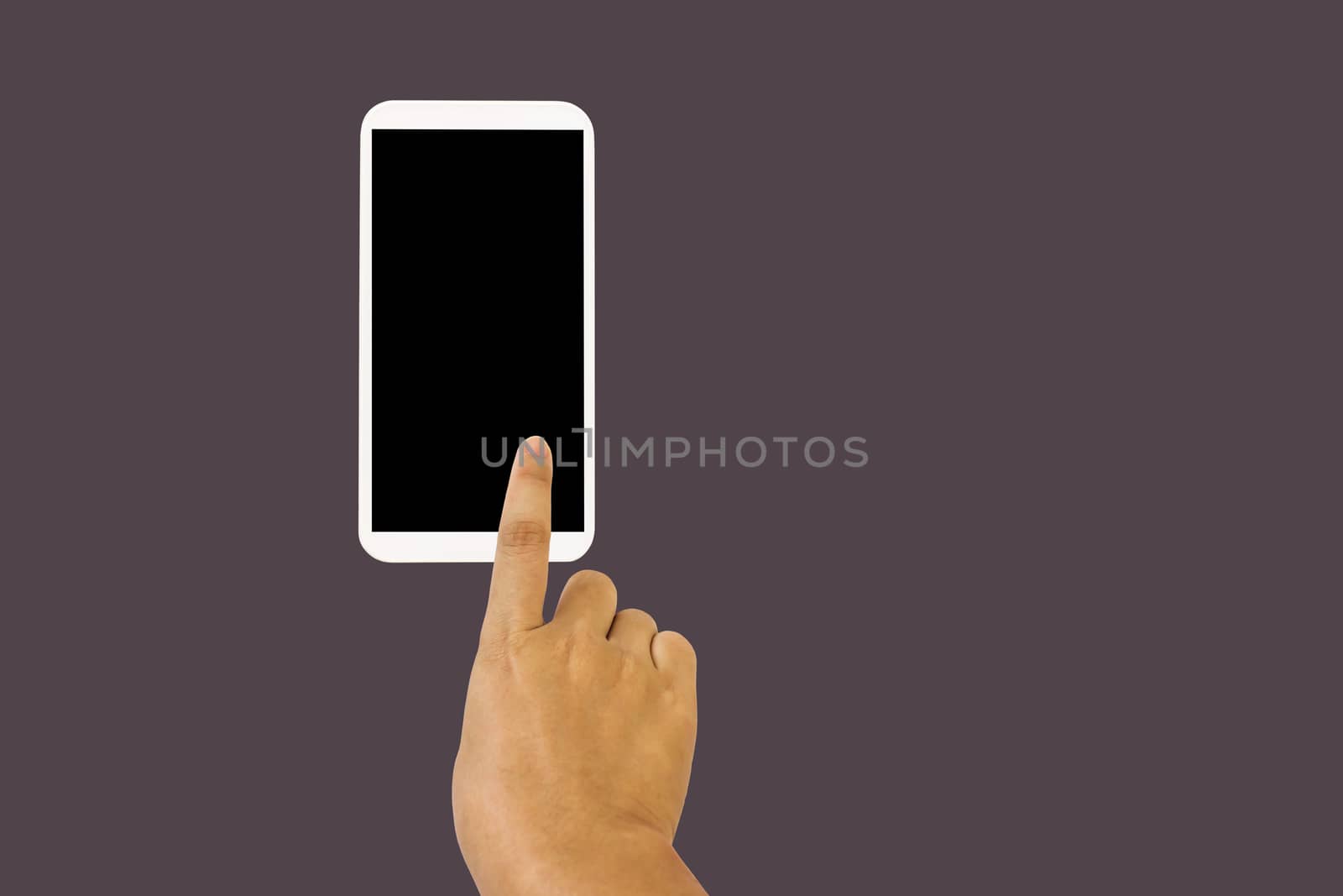 Isolated hand with finger press on big blank screen smartphone or cellphone or mobile phone with clipping path