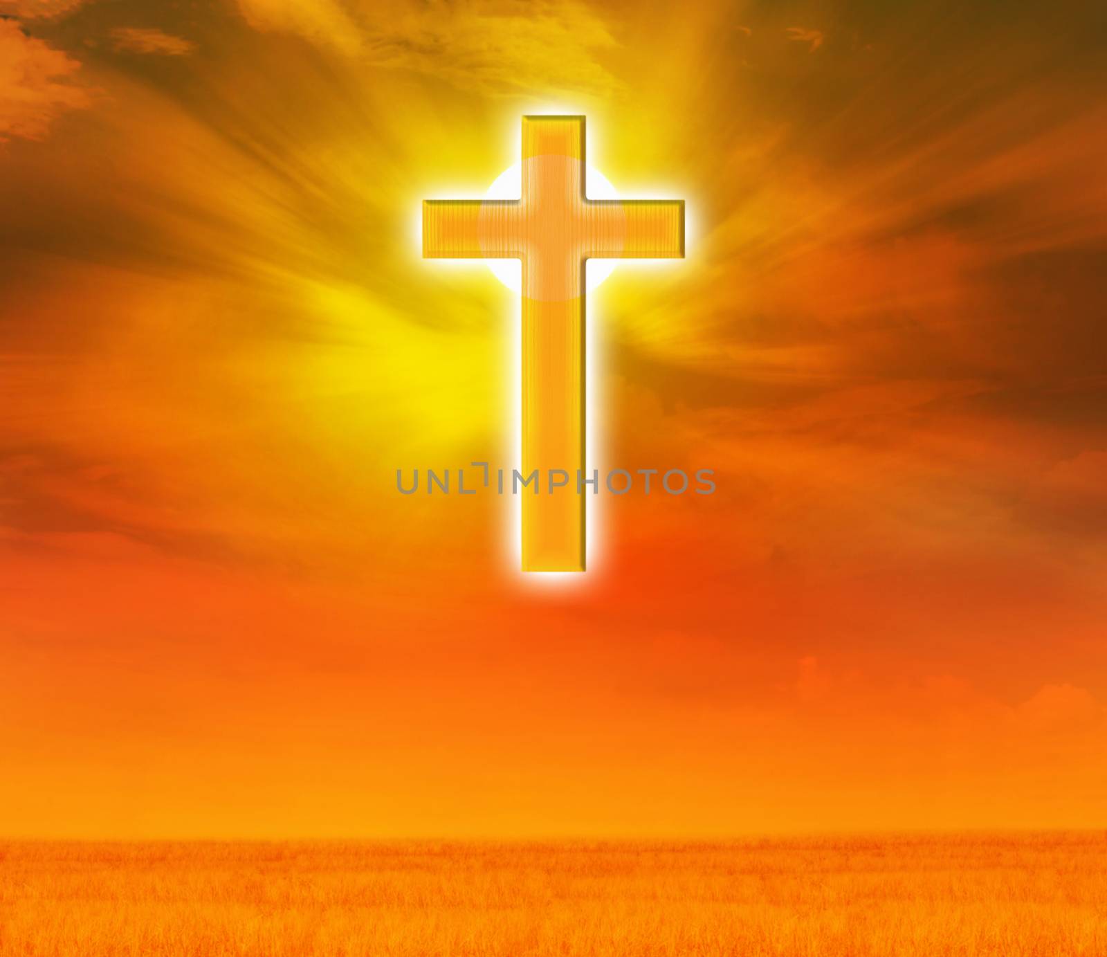 Light expel darkness concept background, Light from sky or heaven shine trough crucifix  or cross on golden sky, god, believe and hope crucifix golden shining background