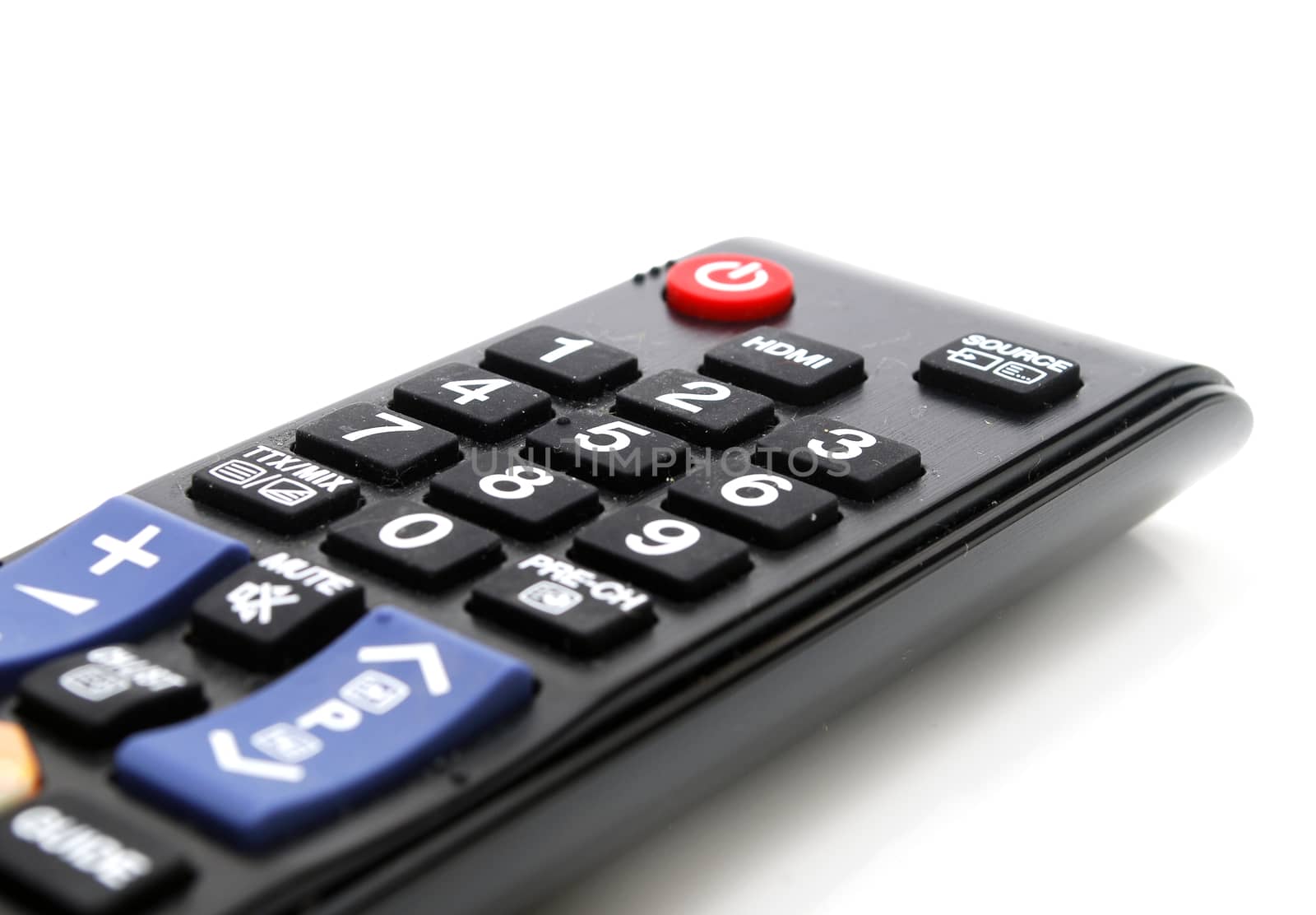 Black TV Remote Control Closeup Isolated on White