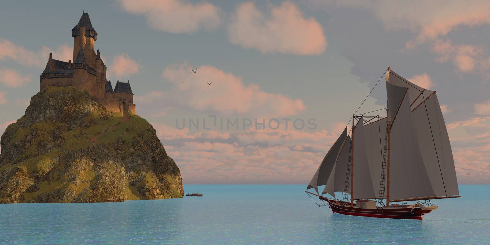 A lake schooner sails to an island that has a castle on a steep cliff on a beautiful day.