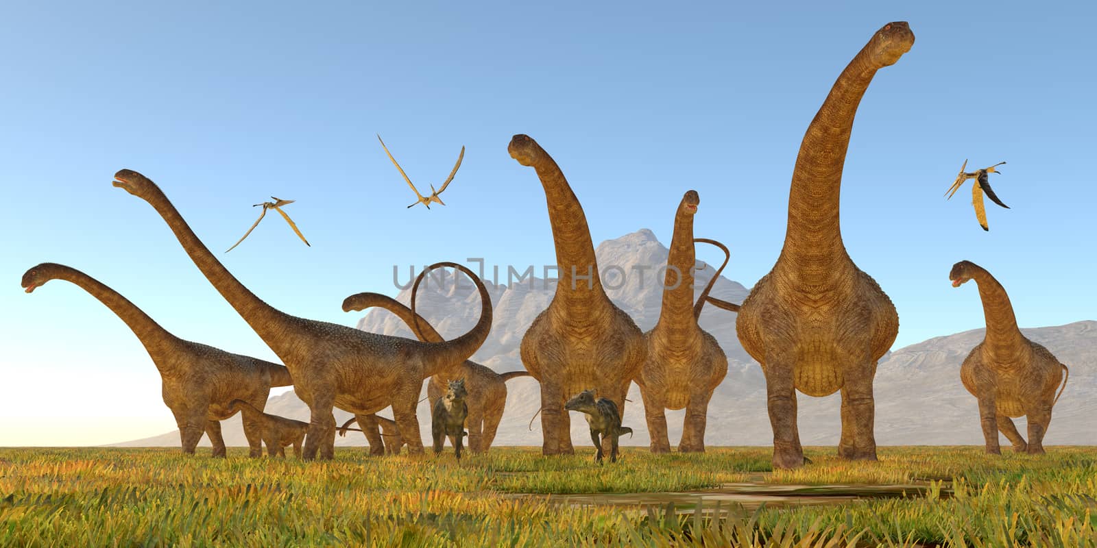 Two Dracorex walk with a herd of Malawisaurus dinosaurs for safety as a flock of Pteranodon reptiles fly over.