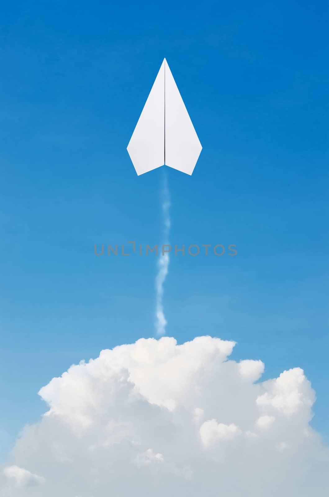 Paper plane flying up, over clouds with blue sky. by koson