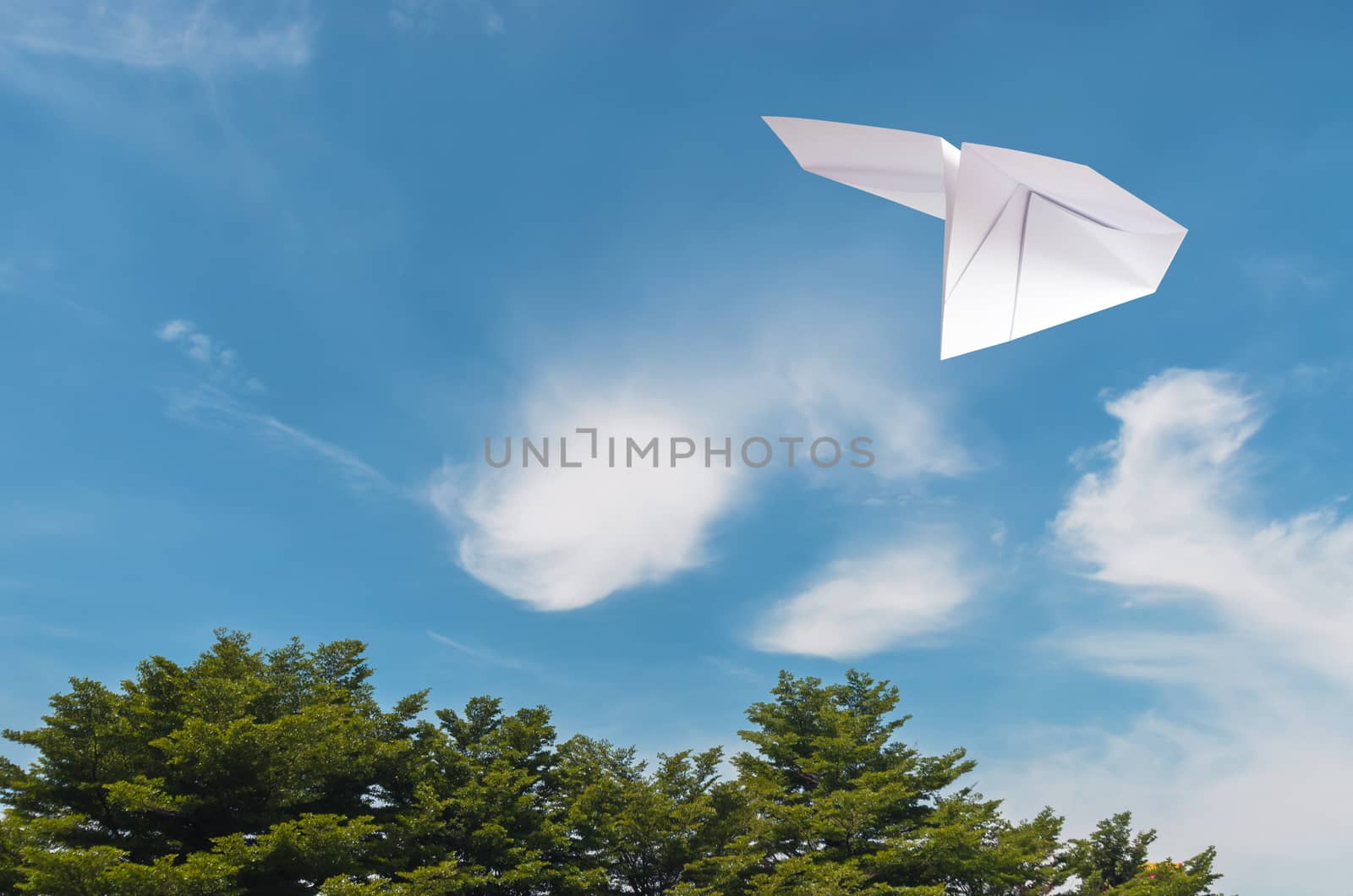 Paper plane flying over tree, cloud with blue sky.
