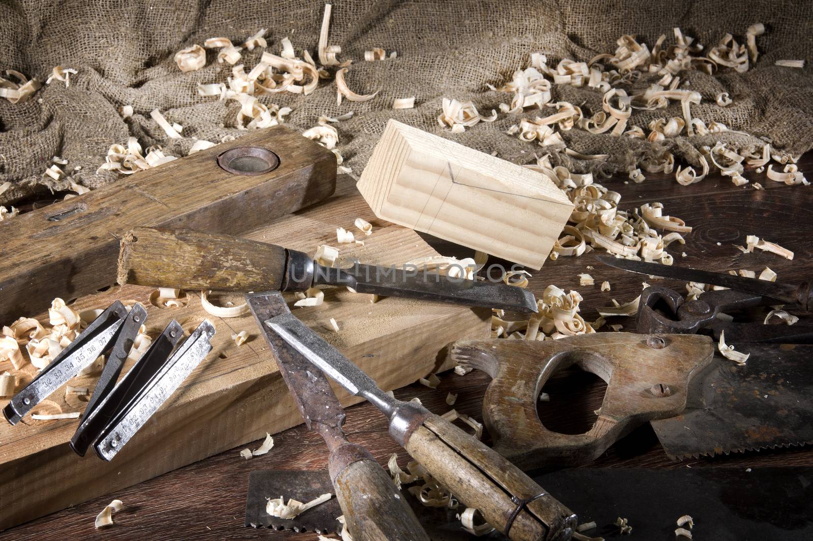 Workplace carpenter. Wood and a few tools