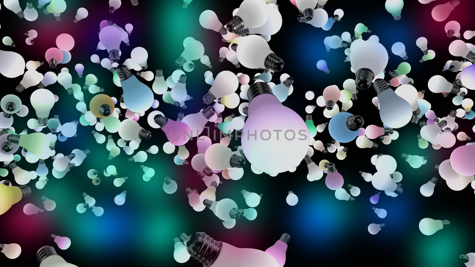Several colored light bulbs flying in space. Colored lights are powered on. 3D Rendering