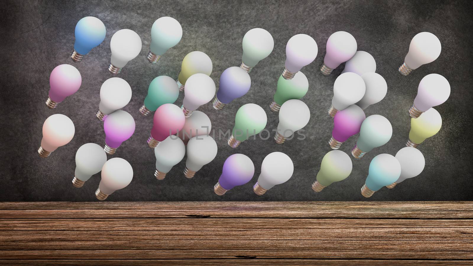 Several colored light bulbs flying in space in front of a blackboard. Colored lights are powered on. 3D Rendering