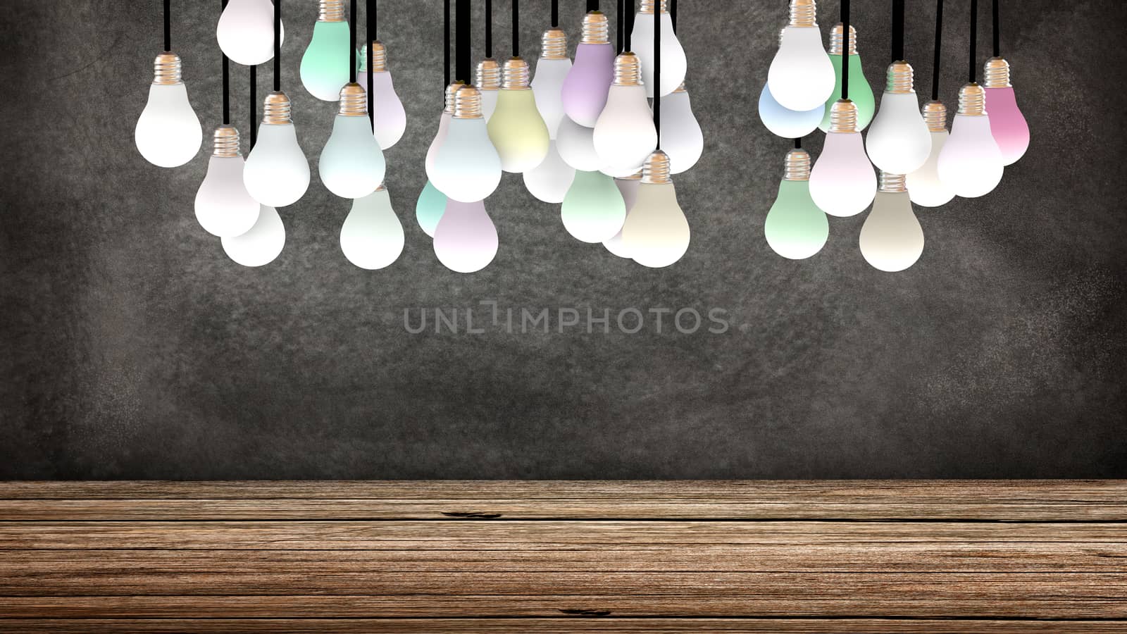 Several suspended light bulbs in front of a blackboard. Colored lights are powered on. Copy space available. 3D Rendering