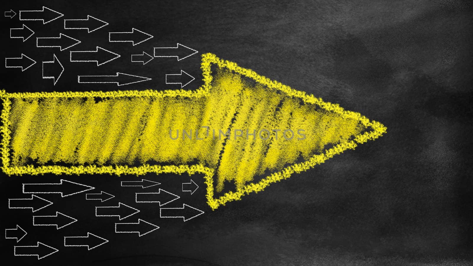 Several white arrows following a yellow leader. Hand drawn. Concept illustration. 3D Rendering