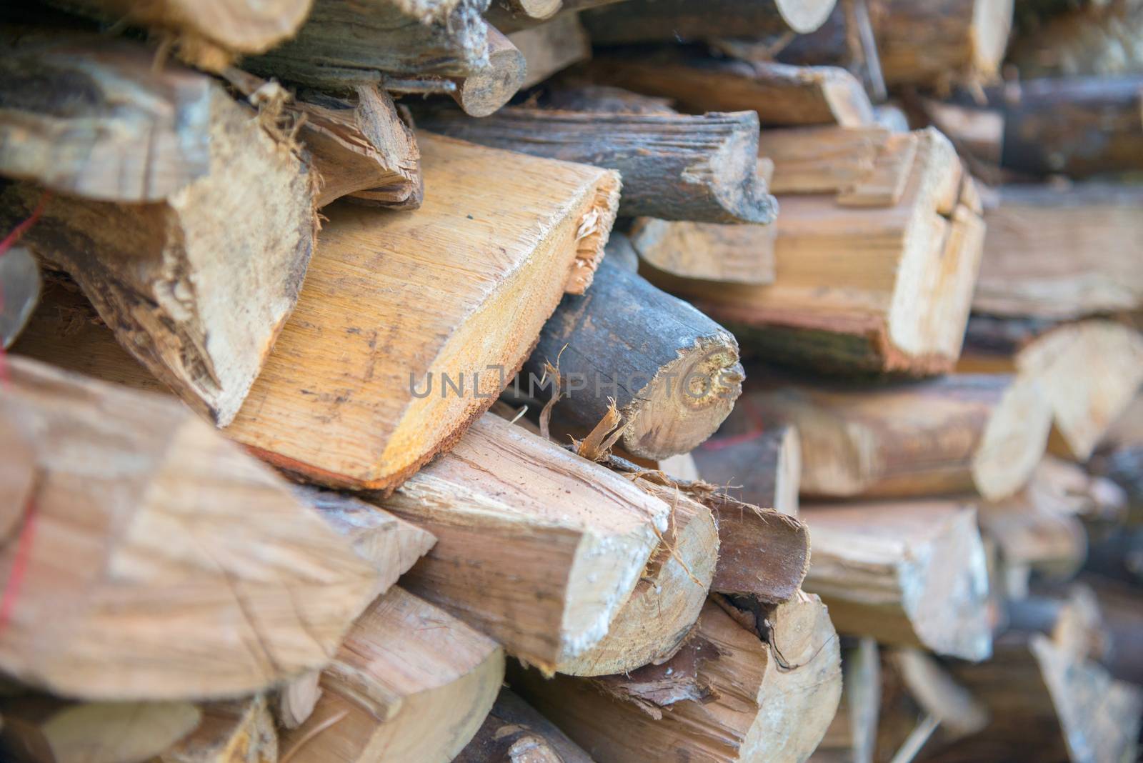 dry chopped firewood logs in a pile by vlaru