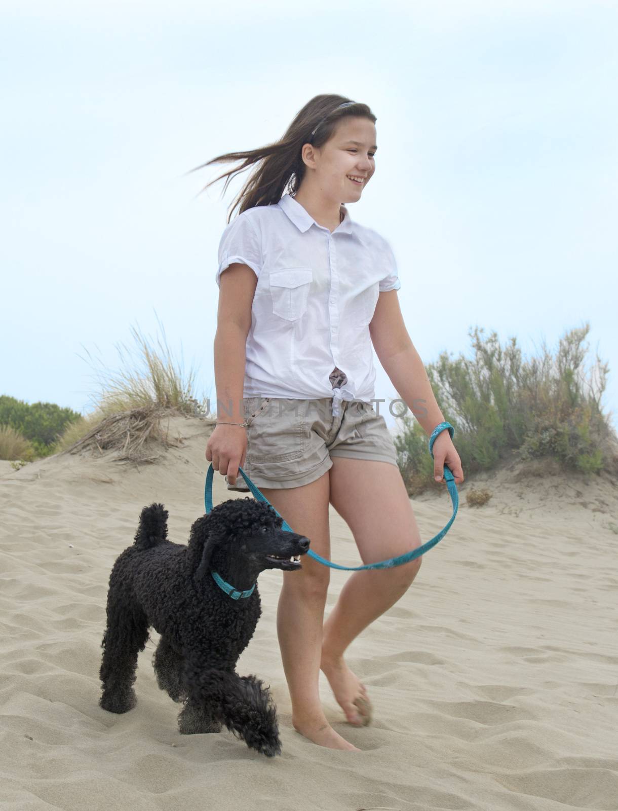 young teen walking with his poodle in the beach