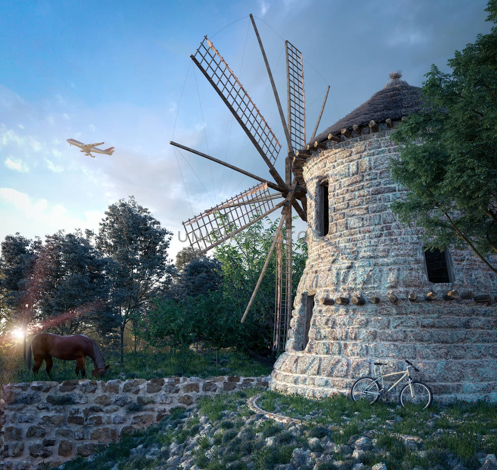 windmill on sunset background and plane travel technology concept composition by denisgo