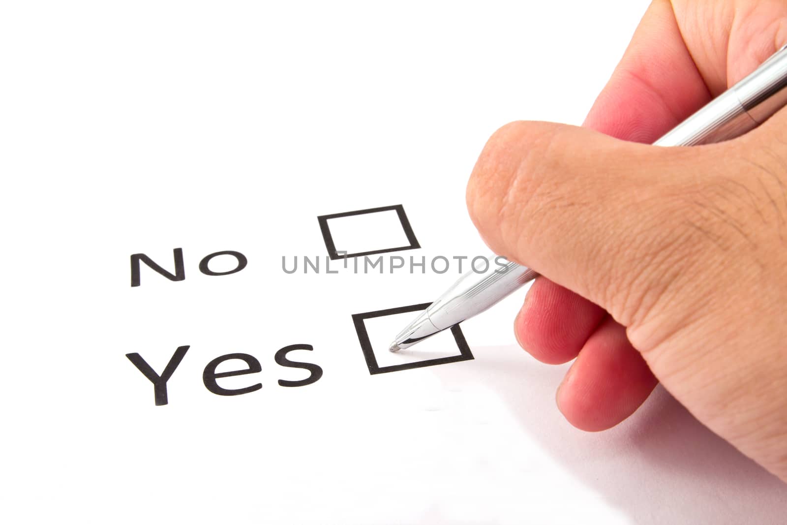 Hand with pen and check boxes isolated on white background 