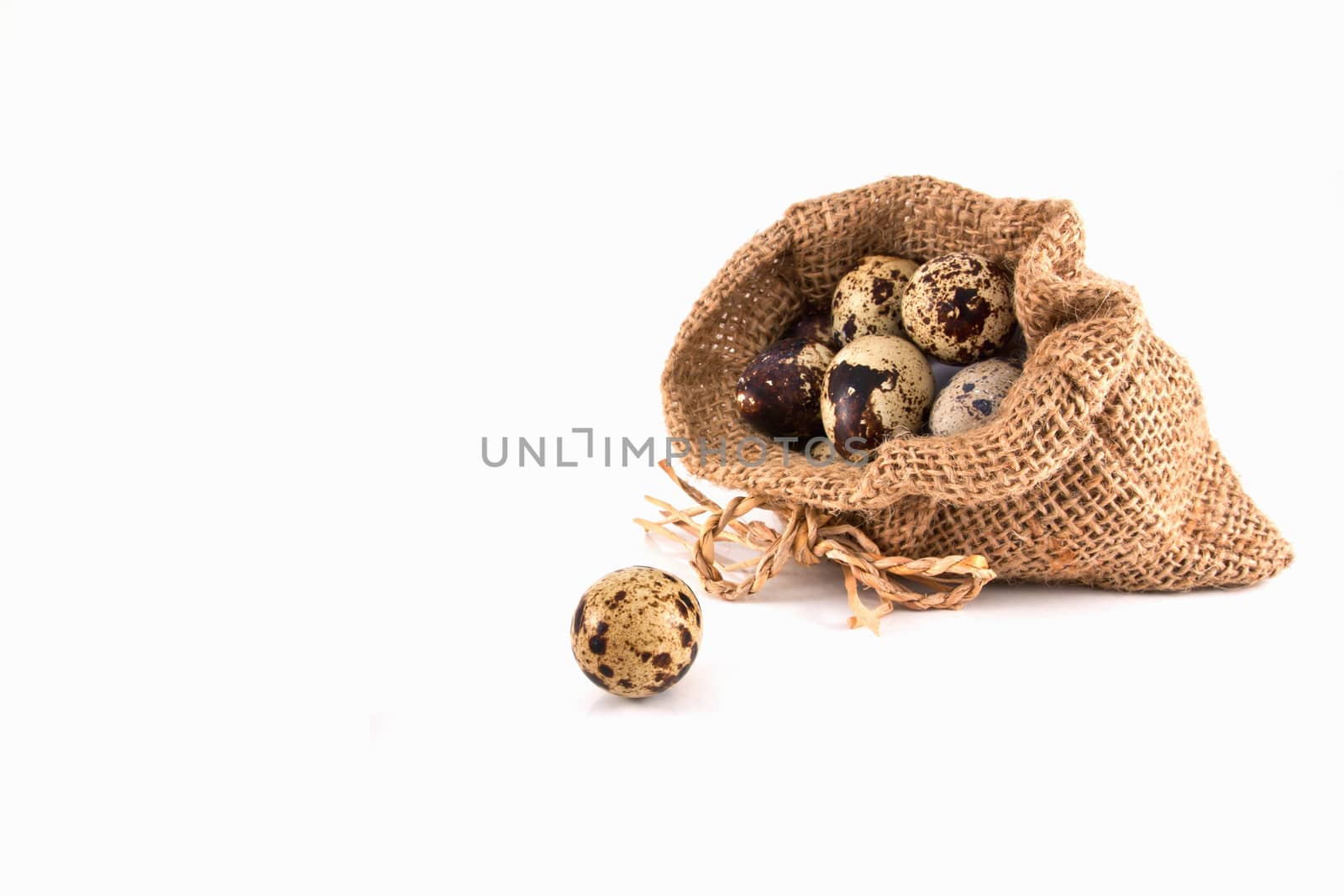 Quail eggs in canvas sack isolated on a white background 