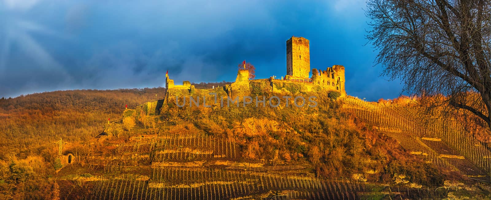 Artistic work of my own. HDR processing.  Old Postcard.
Panorama, Burg Metternich on the Mosel in Germany against a dramatic sky.