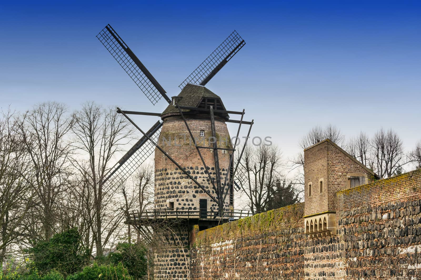 Old historic windmill in Zons am Rhein, Germany.