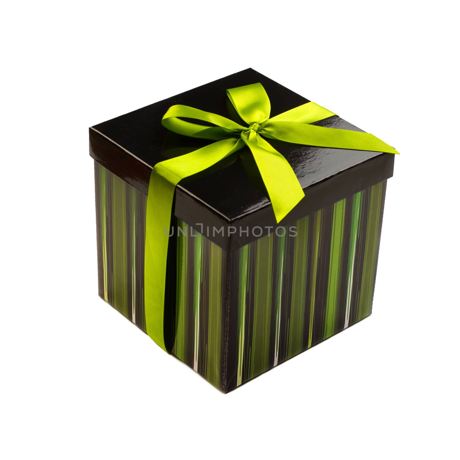 Gift box with green ribbon isolated on white background
