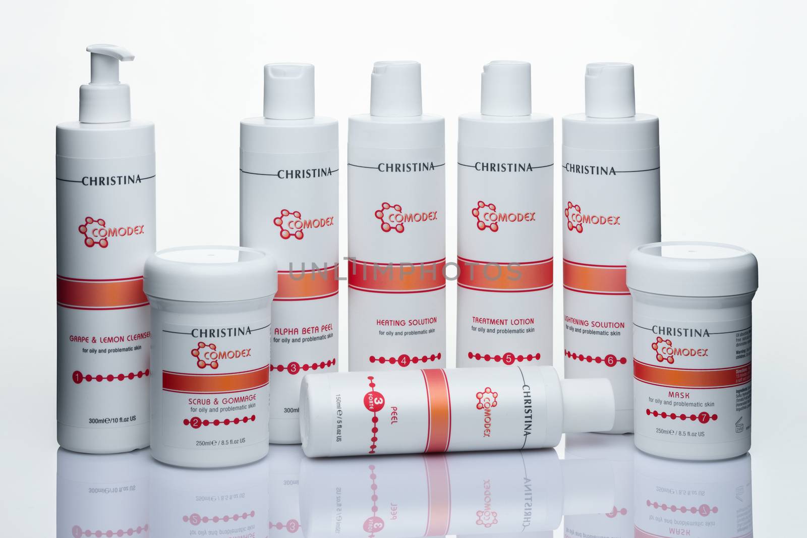 Set of cosmetics for care skin in plastic bottles on a white background, Israel