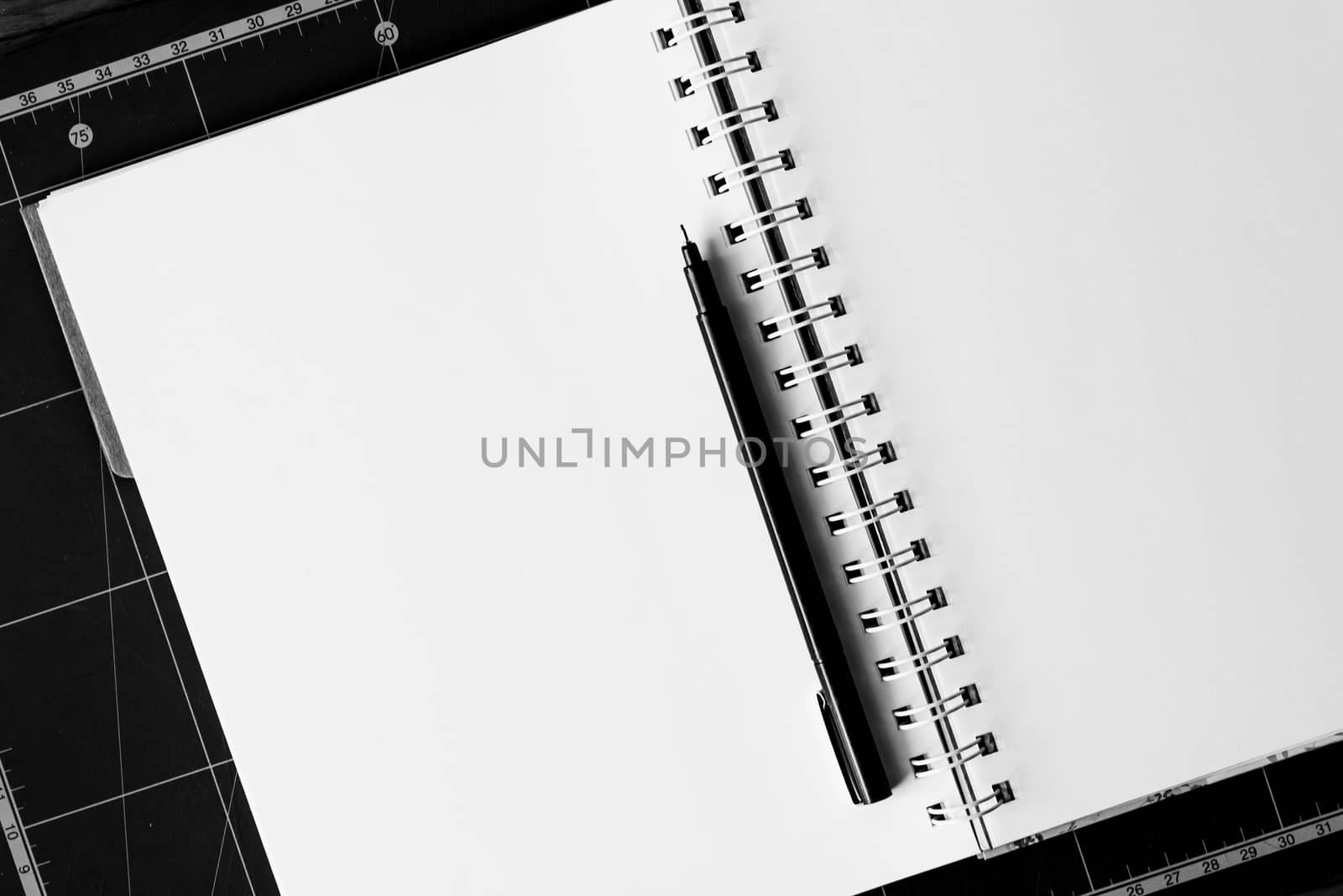Blank notebook with pen on the table. black and white image. by toodlingstudio