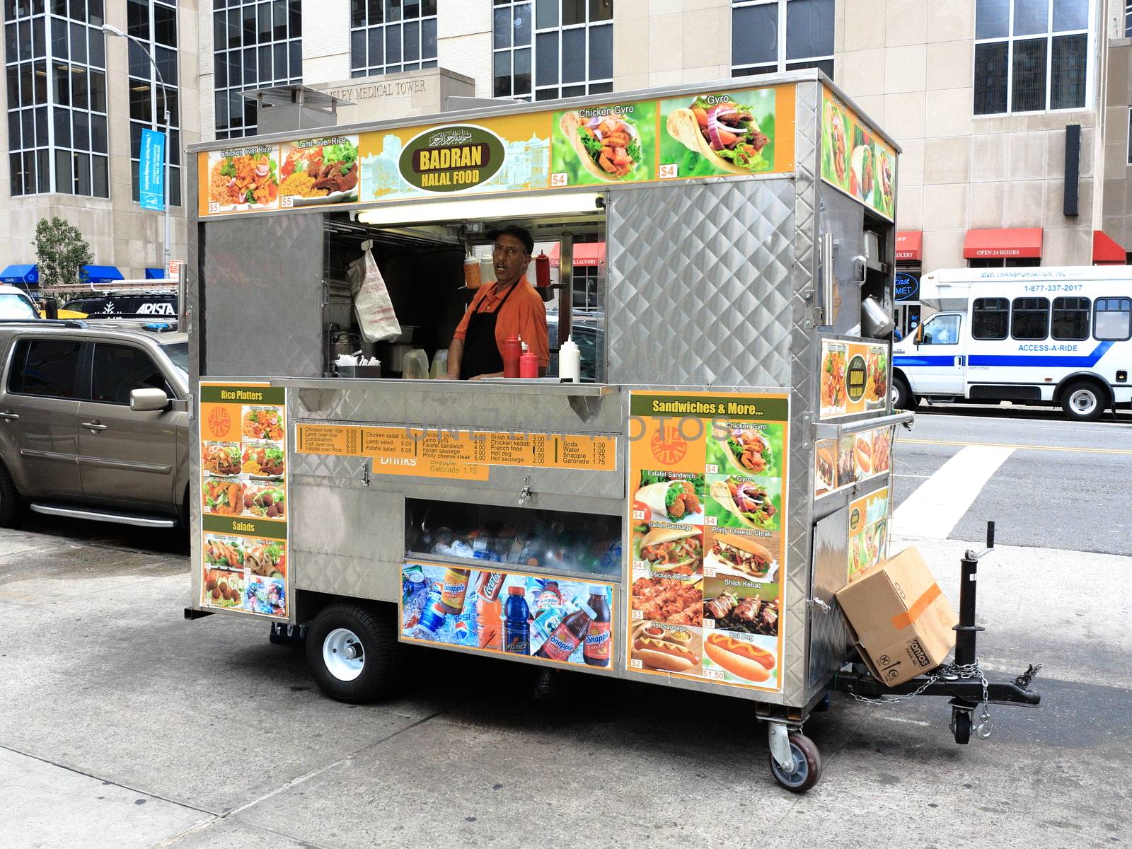 Colorful food stand on a Manhattan street.