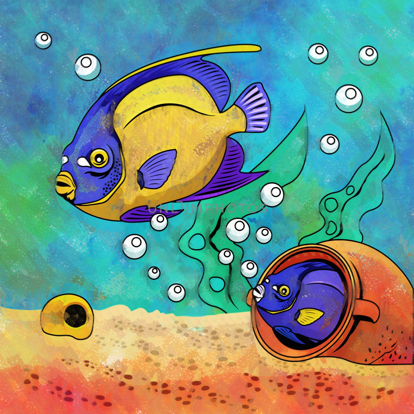 Fishes in aquarium. Bright colorful watercolor illustration.