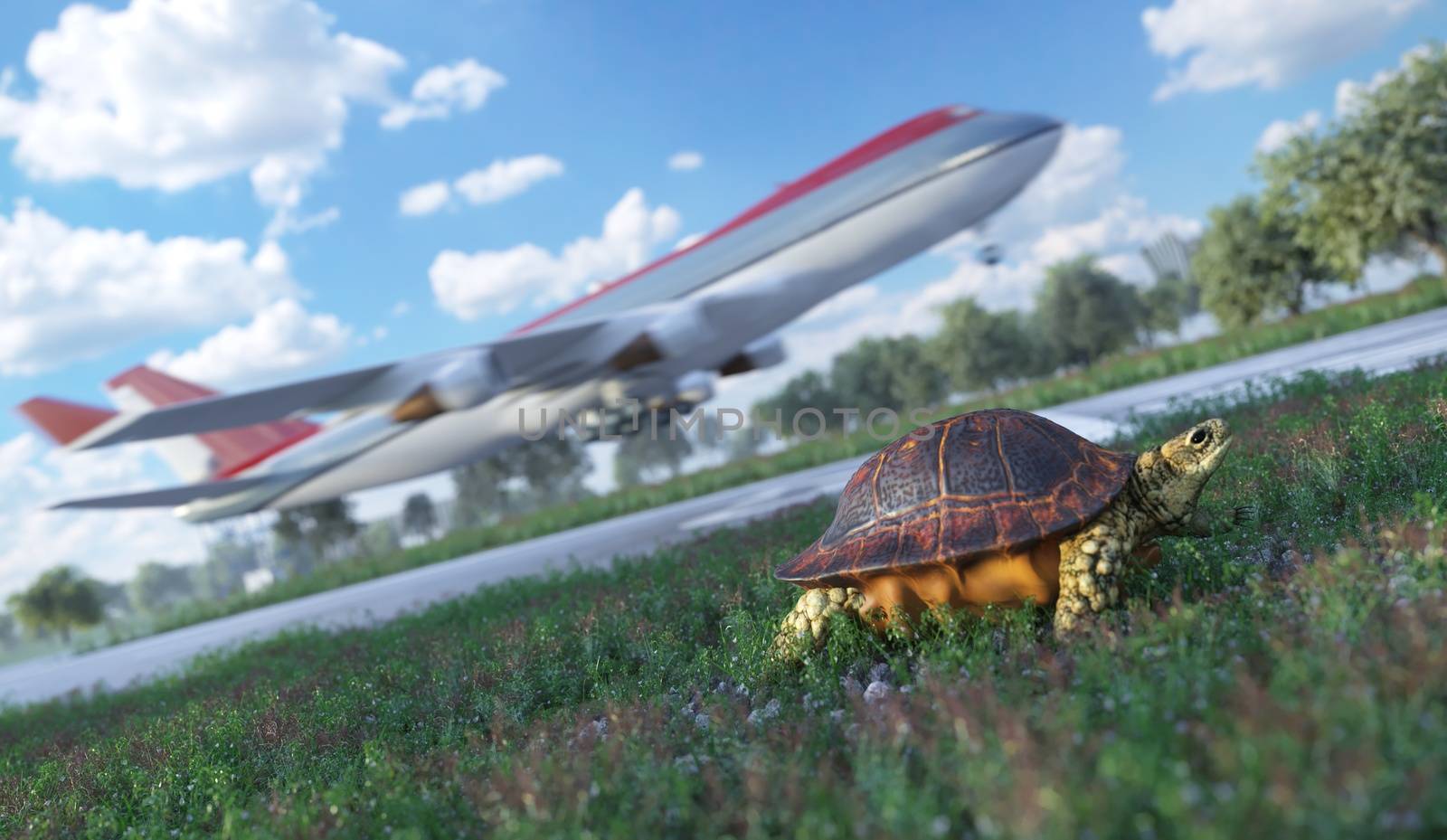 Who's faster. Airplane and running turtle. Travel technology concept