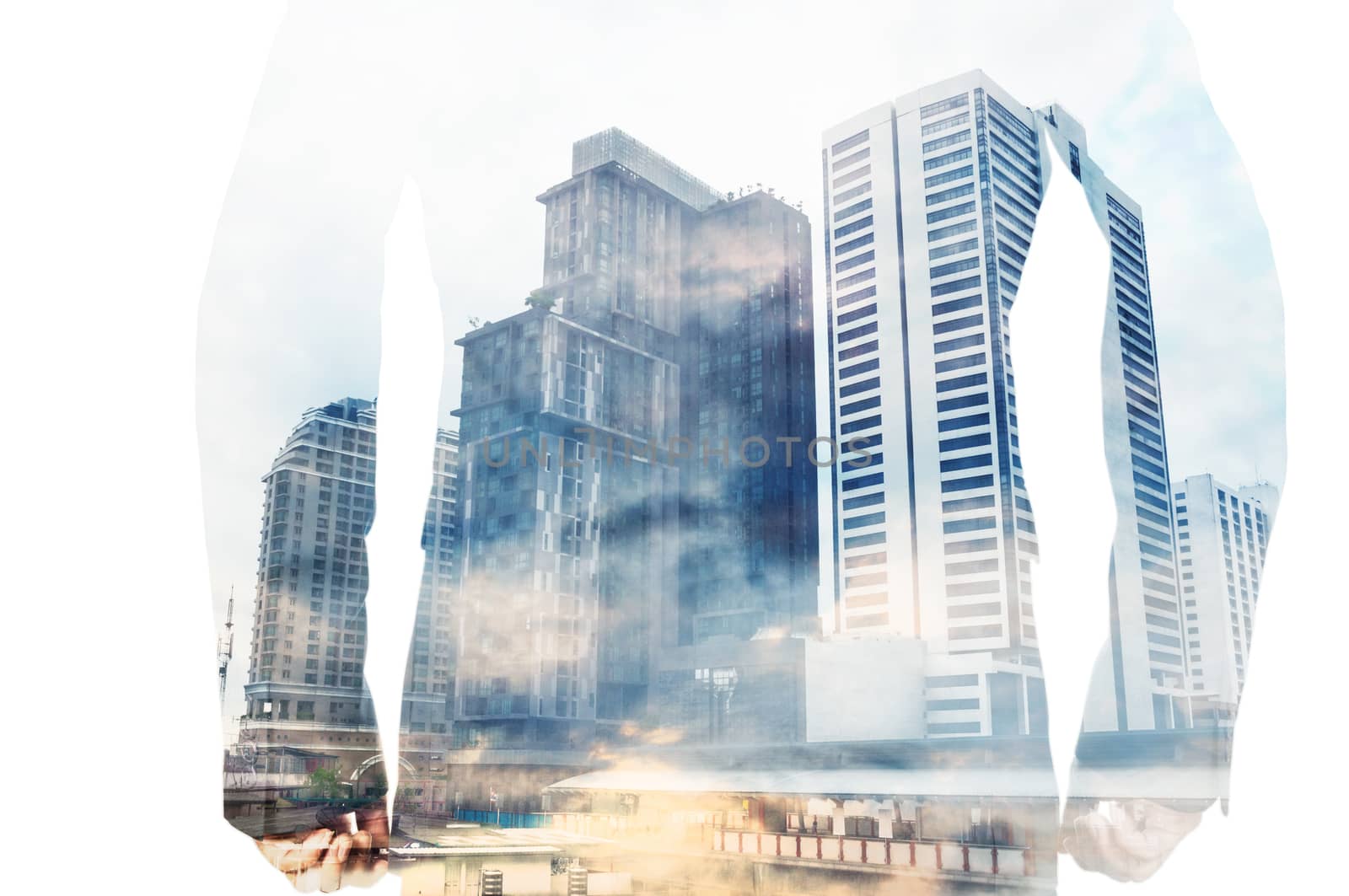 Double exposure of businessman in suit and cityscape as Business Concept