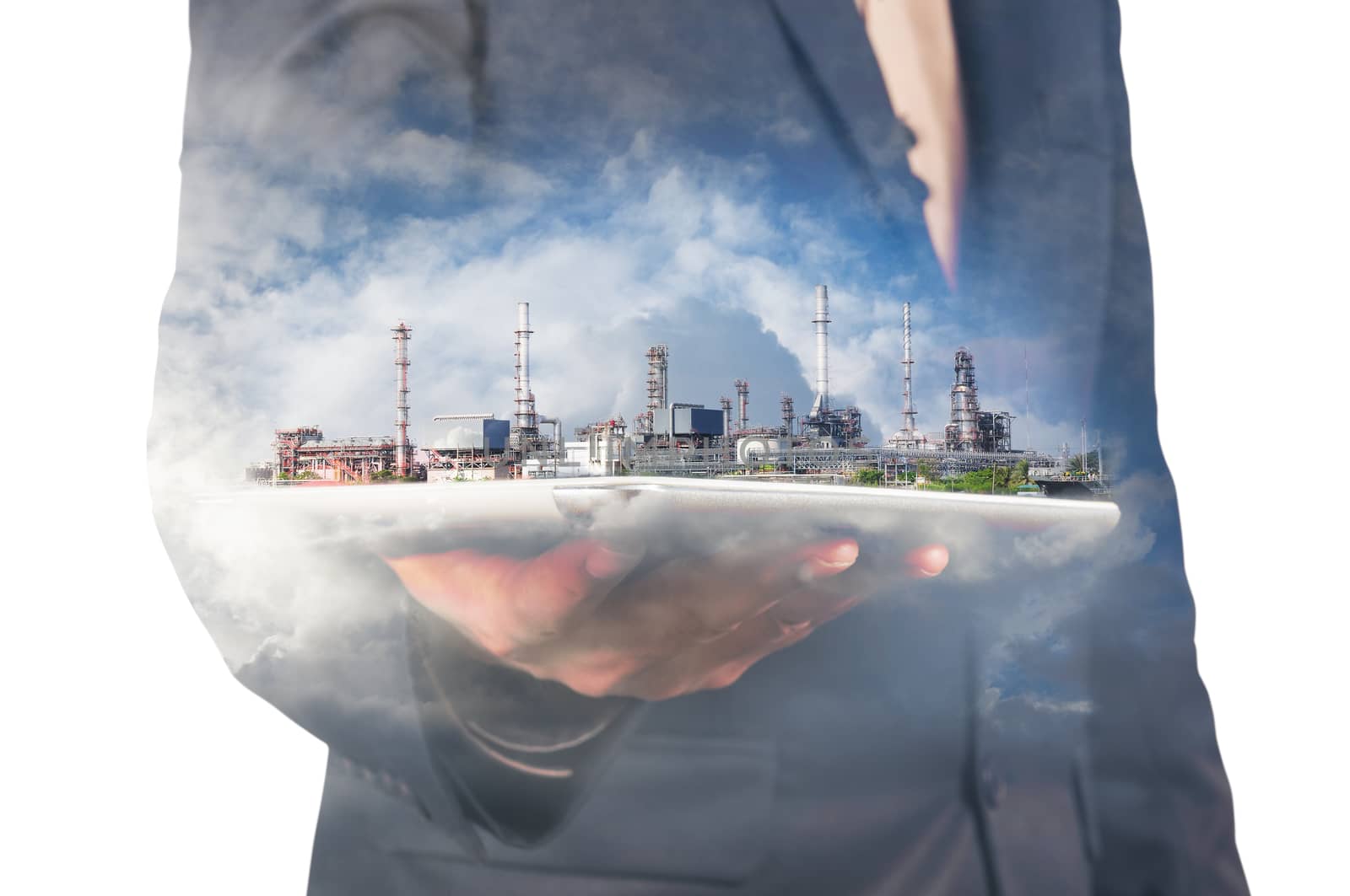 Businessman Hold Digital Wireless Tablet with Oil refinery Plant and Cloud as Digital Technology Business Concept