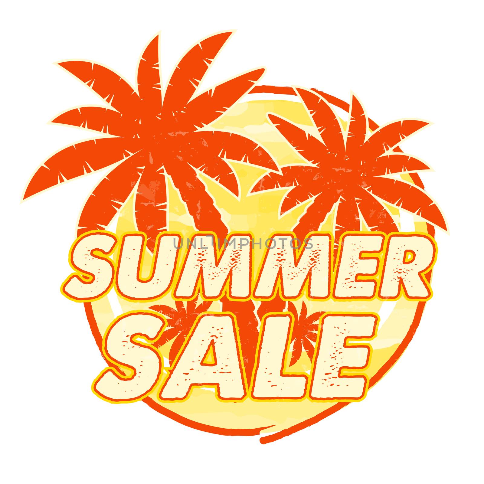 summer sale with palms signs, round drawn label by marinini