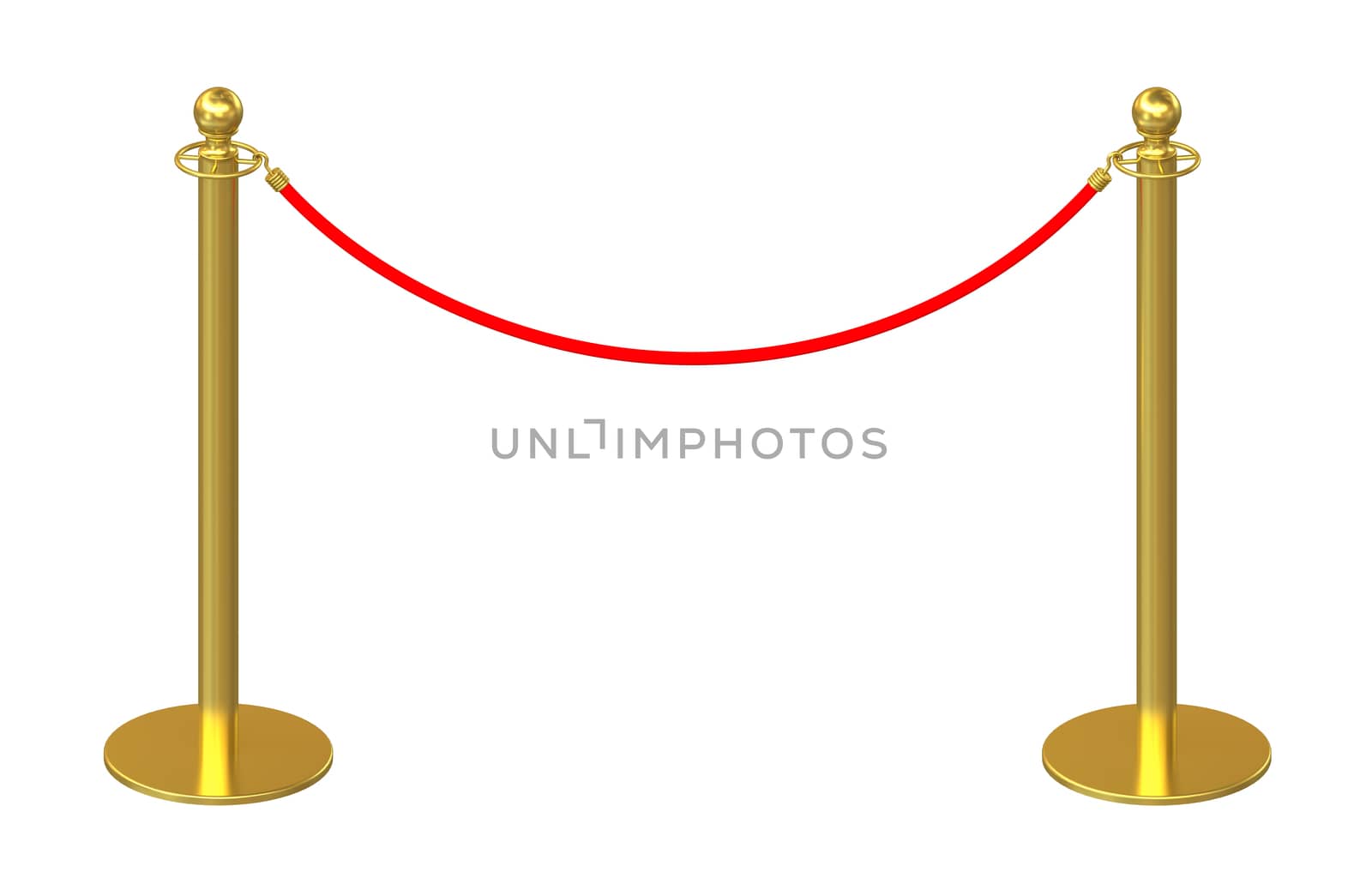 Golden fence, stanchion with red barrier rope, isolated on white background. 3d rendering