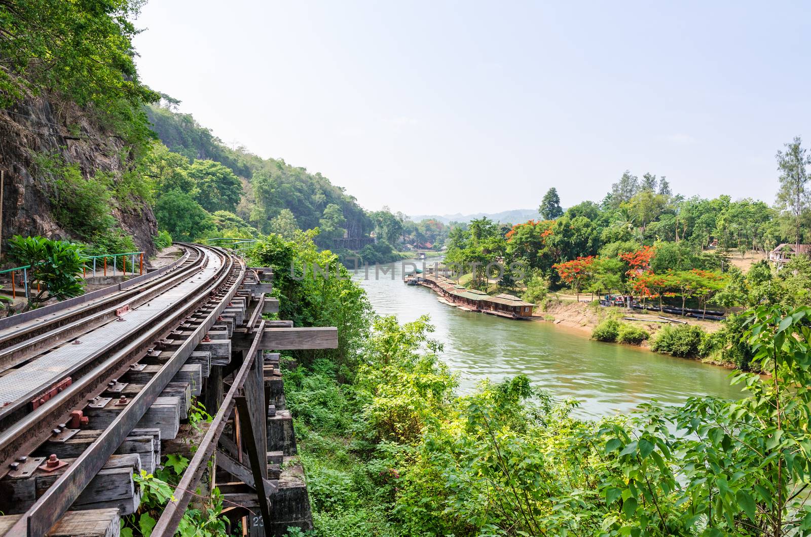 Beautiful landscape Death Railway bridge over the Kwai Noi River at Krasae cave in Kanchanaburi province Thailand 